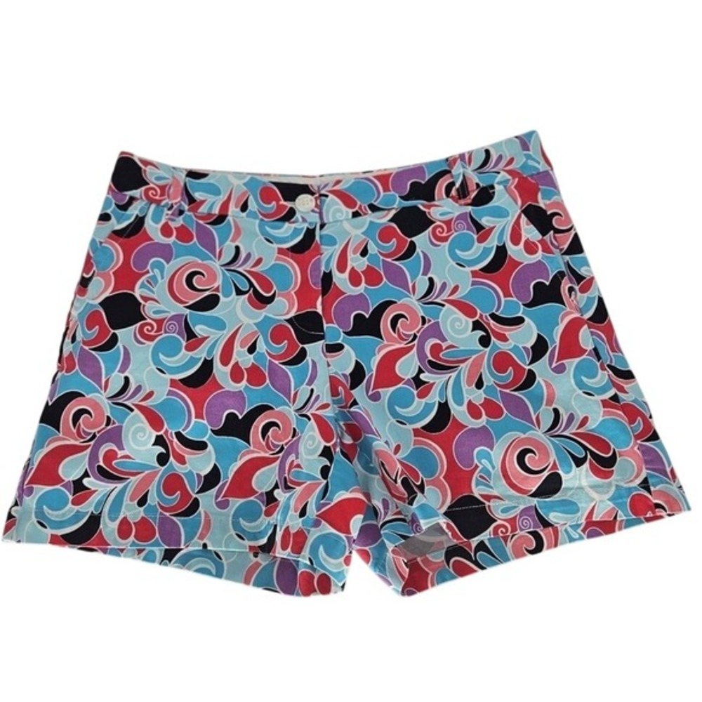Crown & Ivy Paisley Chino Shorts Womens Size 12 Blue Pink Multi Stretch Casual